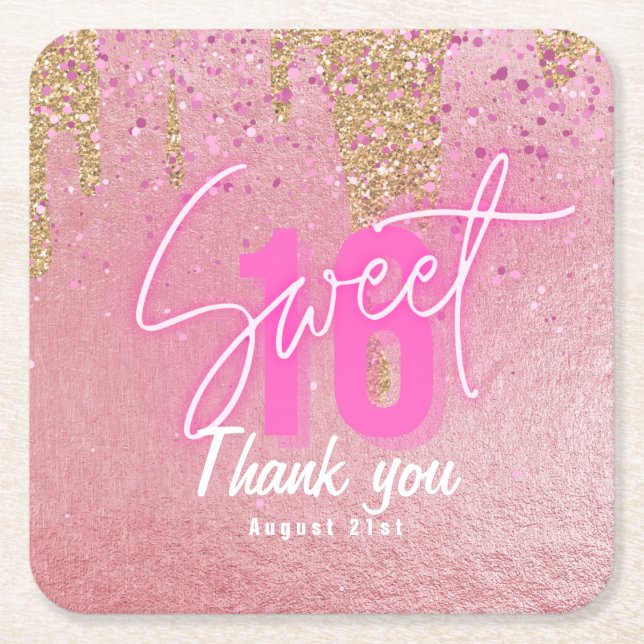 Sweet 16 Pink Party Food Tableware Personalised Square Paper Coaster (Front)