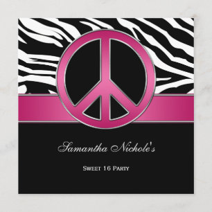 Sweet 16 Pink Peace Sign Black Zebra Invitation