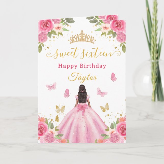 Sweet 16 Pink Princess African American Girl Card (Front)