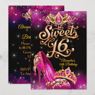 Sweet 16 Pink Princess Birthday Party Shoe Tiara Invitation