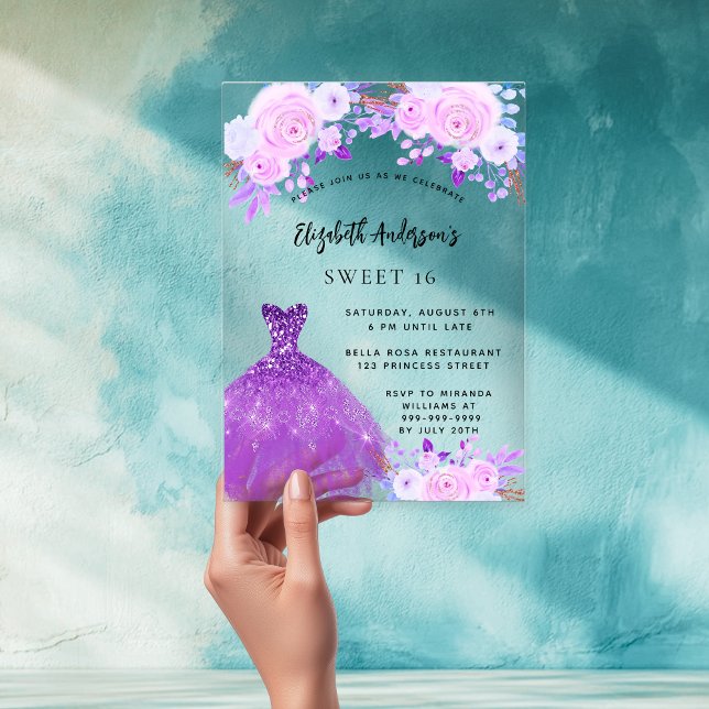 Sweet 16 pink purple flowers dress clear acrylic invitations (Creator Uploaded)