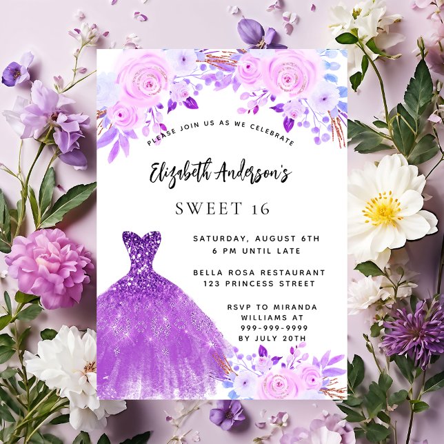 Sweet 16 pink purple flowers dress invitation (Creator Uploaded)