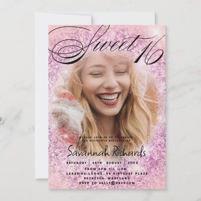 Sweet 16 Pink & Purple Glitter Photo Party Invitation (Front)