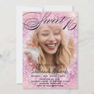 Sweet 16 Pink & Purple Glitter Photo Party Invitation