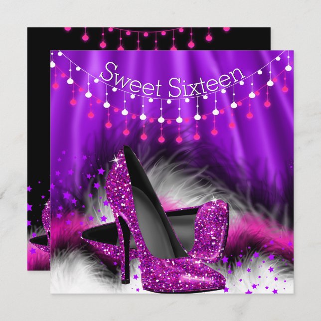 Sweet 16 Pink Purple Stars High Heels Party Invitation (Front/Back)