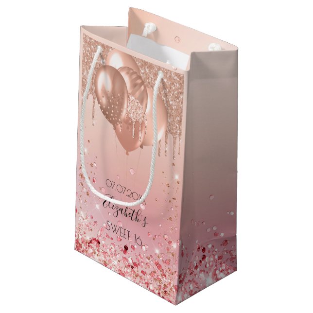 Sweet 16 pink rose gold balloons small gift bag (Back Angled)