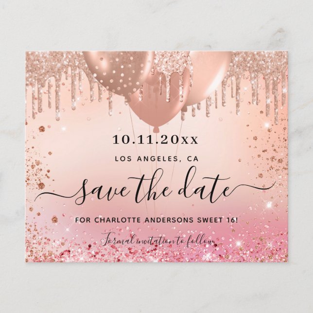 Sweet 16 pink rose gold budget save the date flyer (Front)
