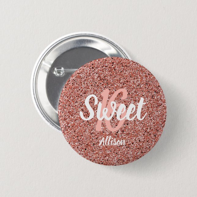 Sweet 16 Pink Rose Gold Glitter Personalised 6 Cm Round Badge (Front & Back)