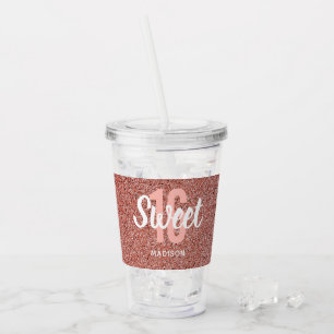 Sweet 16 Pink Rose Gold Glitter Personalized Acrylic Tumbler