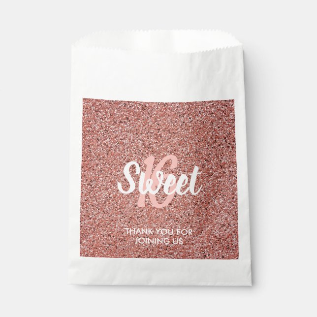 Sweet 16 Pink Rose Gold Glitter Thank You Favour Bag (Front)