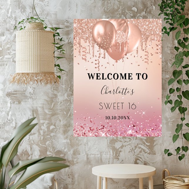 Sweet 16 pink rose gold pink glitter welcome poster (Creator Uploaded)