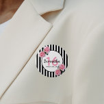 Sweet 16 pink roses black white stripes 6 cm round badge<br><div class="desc">Classic slim black and white vertical stripes as background. With girly, feminine and romantic pink roses as decoration. A white and black frame on front with template for age, name and date. Age number 16 in pink, name and date in black. The name is written with a hand-lettered style script....</div>
