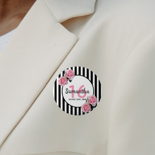 Sweet 16 pink roses black white stripes 6 cm round badge