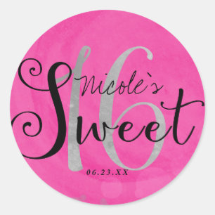 Sweet 16 Pink Silver & Black Custom Party Favour Classic Round Sticker