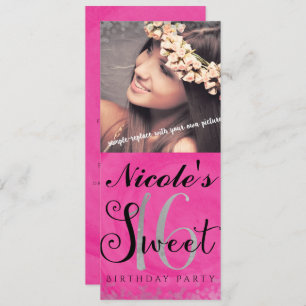Sweet 16 Pink Silver & Black Photo Invitation