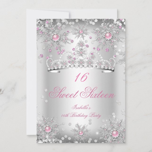 Sweet 16 Pink Snowflakes Silver Winter Wonderland Invitation (Front)