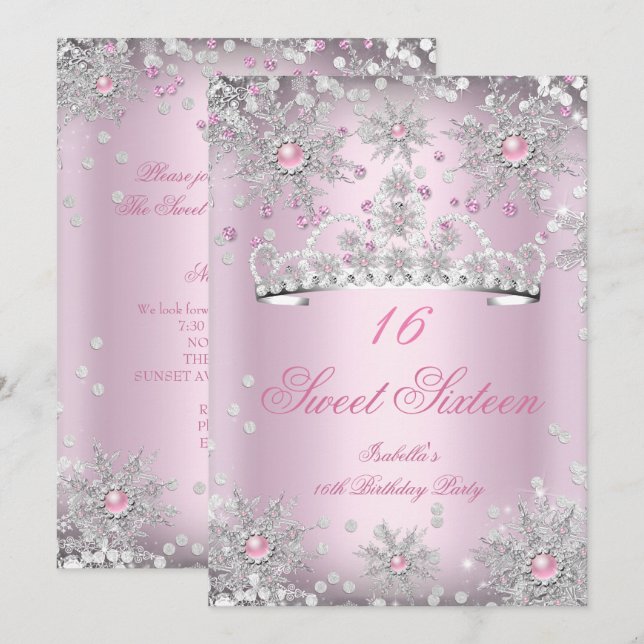 Sweet 16 Pink Snowflakes White Winter Wonderland Invitation (Front/Back)