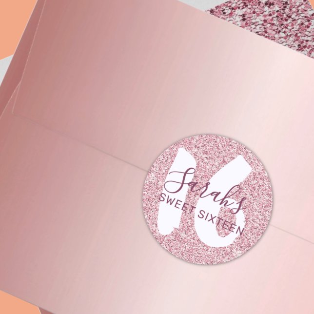 Sweet 16 Pink Sparkling Glitter Birthday Favour Classic Round Sticker (Creator Uploaded)