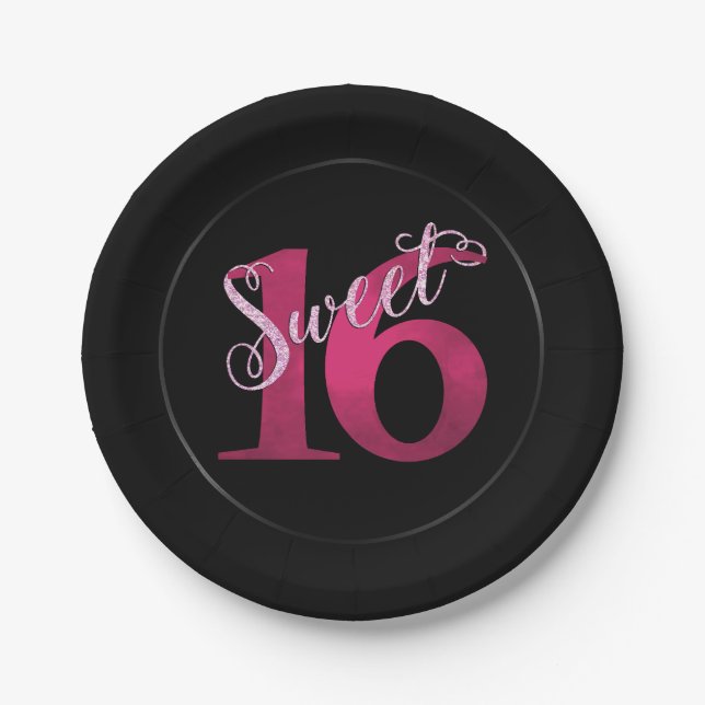 Sweet 16 | Pink Watercolor and Faux Glitter Party Paper Plate (Front)