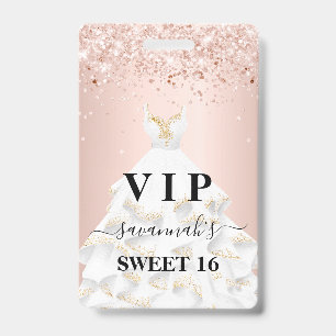Sweet 16 pink white dress name vip ID badge