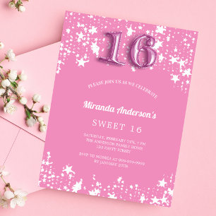 Sweet 16 pink white stars budget invitation flyer