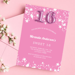 Sweet 16 pink white stars girl invitation