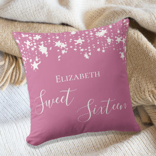 Sweet 16 pink white stars name cushion
