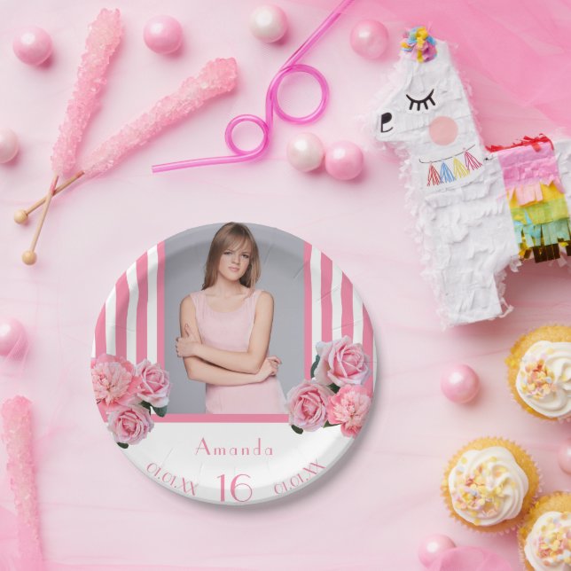 Sweet 16 pink white stripes floral photo paper plate (Party)