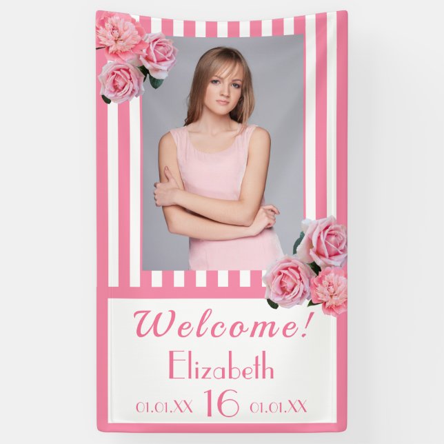 Sweet 16 pink white stripes photo banner (Vertical)