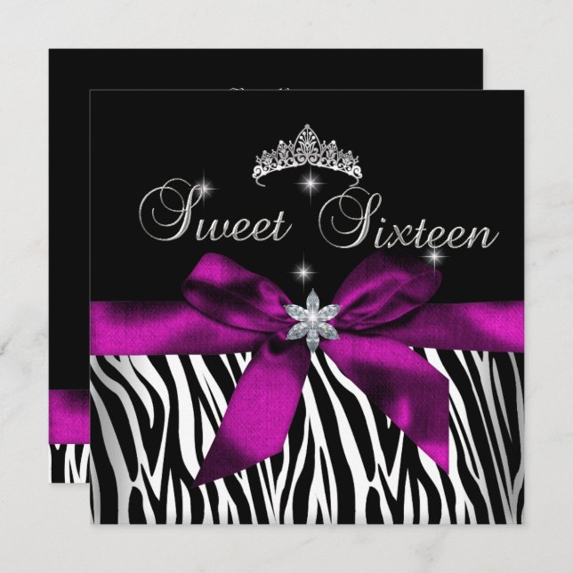 Sweet 16  Pink Zebra Black White Diamonds Invitation (Front/Back)