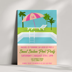 Sweet 16 Pool Party Summer Tropical Trendy Fun Invitation