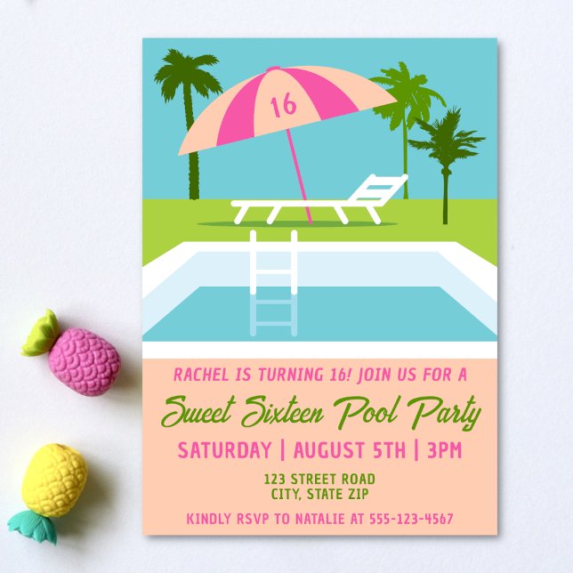 Sweet 16 Pool Party Tropical Swimming Pool  Invitation (Sweet sixteen pool party invitation on a light background with tropical pineapple decorations.)