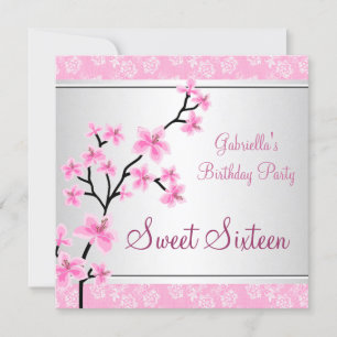 Sweet 16 Pretty Asian Pink Floral Black Birthday Invitation