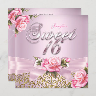 Sweet 16 Pretty Pink Rose Bow Birthday Party Invitation