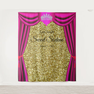Sweet 16 Princess Crown Pink Curtain Gold Glitter Tapestry