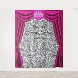 Sweet 16 Princess Crown Pink Curtain Silver Glitte Tapestry