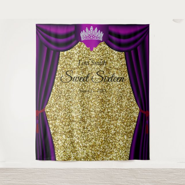 Sweet 16 Princess Crown Purple Curtain Gold Glitte Tapestry (Front)