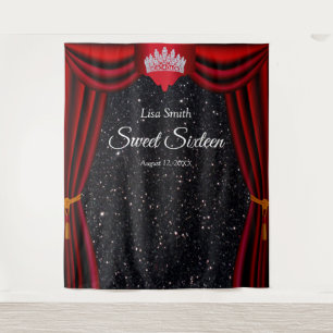 Sweet 16 Princess Crown Red Curtain Black Glitter Tapestry
