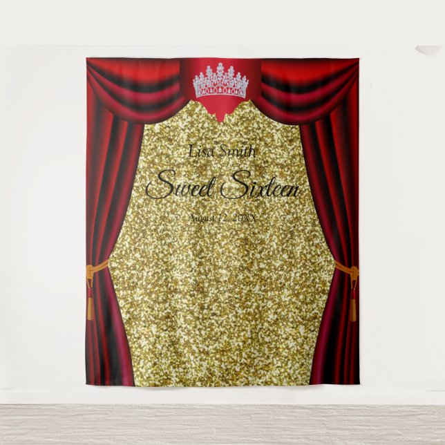 Sweet 16 Princess Crown Red Curtain Gold Glitter  Tapestry (Front)