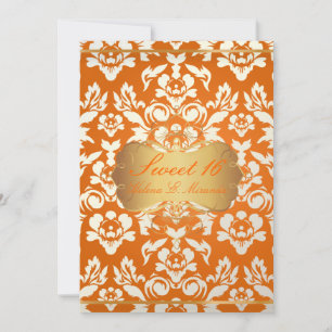 Sweet 16/ princess/pearl damask/crushed orange invitation