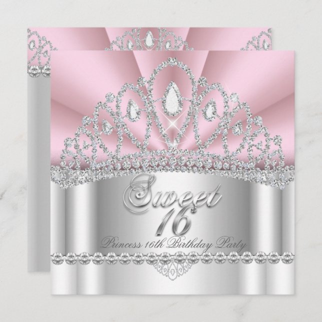 Sweet 16 Princess Pink White Diamond Tiara Invitation (Front/Back)