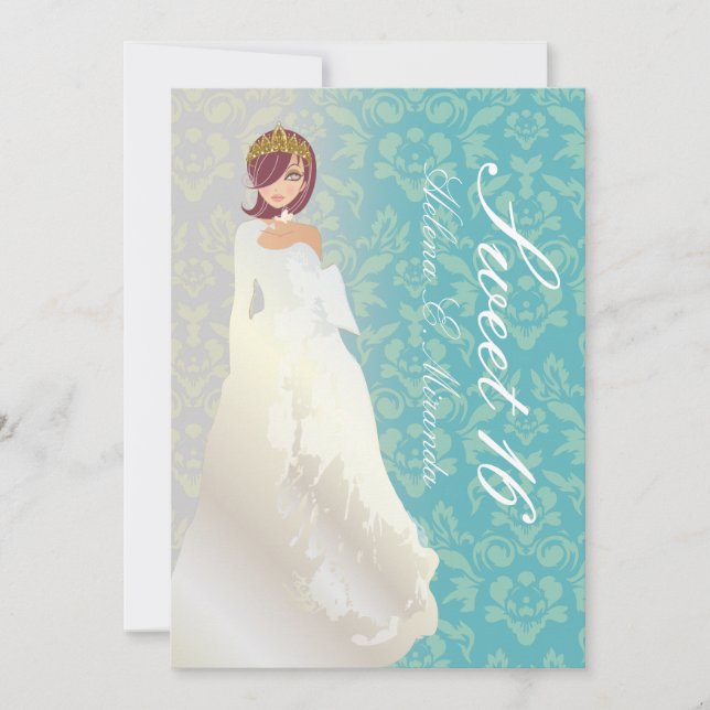 Sweet 16/ princess + teal damask invitation (Front)