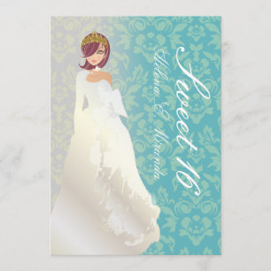 Sweet 16/ princess + teal damask invitation