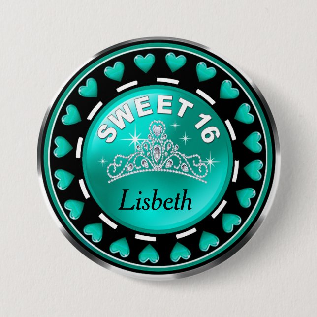 Sweet 16 Princess Tiara Love Hearts | aqua 7.5 Cm Round Badge (Front)