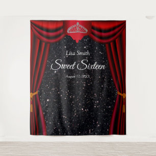 Sweet 16 Princess Tiara Red Curtain Black Glitter Tapestry