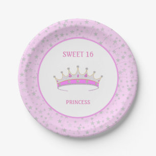 Sweet 16 Princess Tiara & Stars Confetti Paper Plate