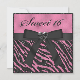 Sweet 16 Printed Zebra Stripe Glitter, Jewel & Bow Invitation