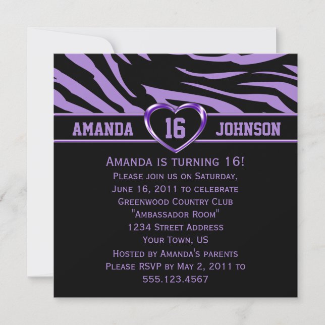 Sweet 16 Purple and Black Zebra Purple Heart Invitation (Front)