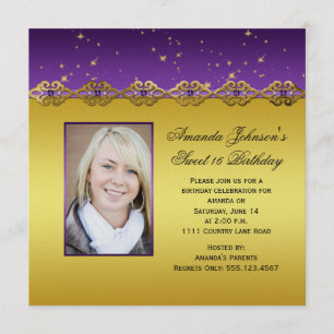 Sweet 16 Purple and Gold Amethysts Stars Invitation