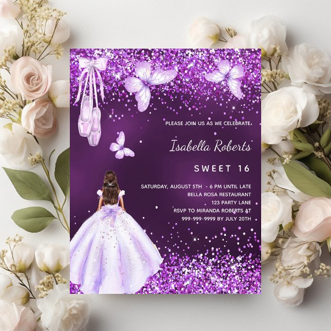 Sweet 16 purple ballerina dress budget invitation flyer (Creator Uploaded)
